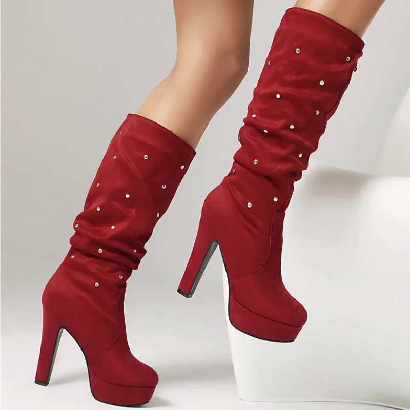 Faxu الجلد المدبوغ المرأة حذاء برقبة للركبة الخريف الشتاء أحذية منصة أسود أحمر الكعوب طويلة التمهيد أحذية السيدات أحذية كبيرة الحجم 45 48 #4