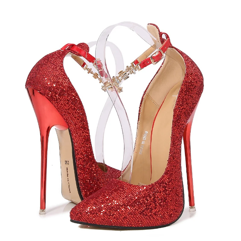 

Новые блестящие туфли-лодочки на высоком металлическом каблуке 16 см, блестящие фетиш-сексуальные туфли-лодочки с ремешком на щиколотке, мужская обувь унисекс для подиума, размер 46