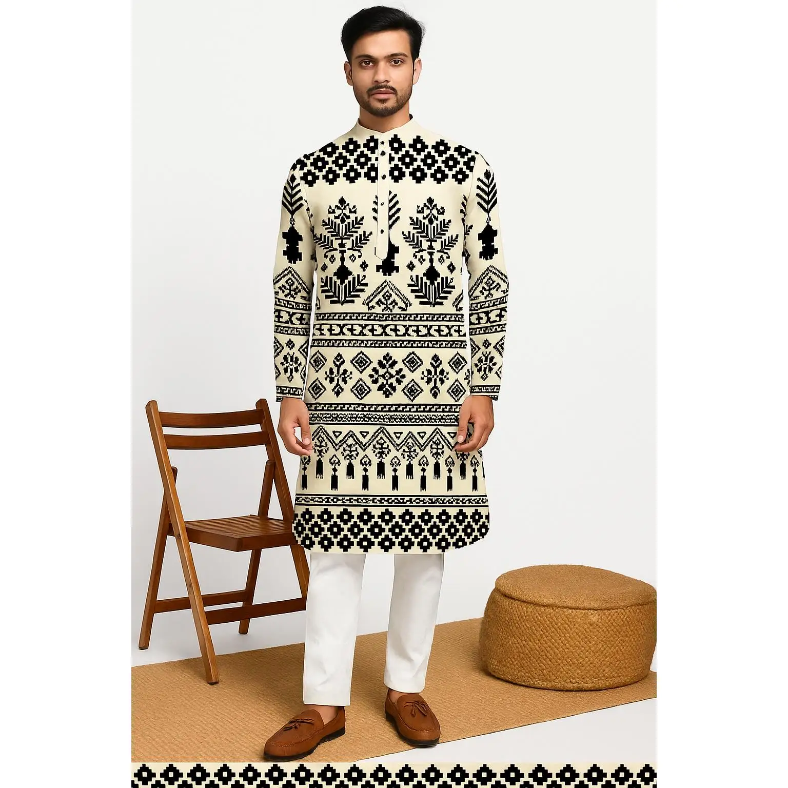 Uomo stampa digitale kurta pensiha vestibilità regolare colletto alla coreana lungo adatto per tutte le occasioni come matrimonio Hari Raya Aidilfitri