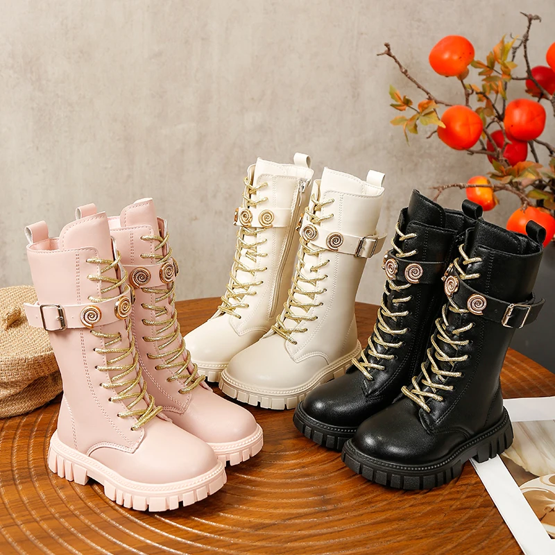 2026 New Fashion Metal Buckle Decorative Thick-soled Leather Boots Spring and Autumn Girl Zipper Design Non-slip Knee Boots