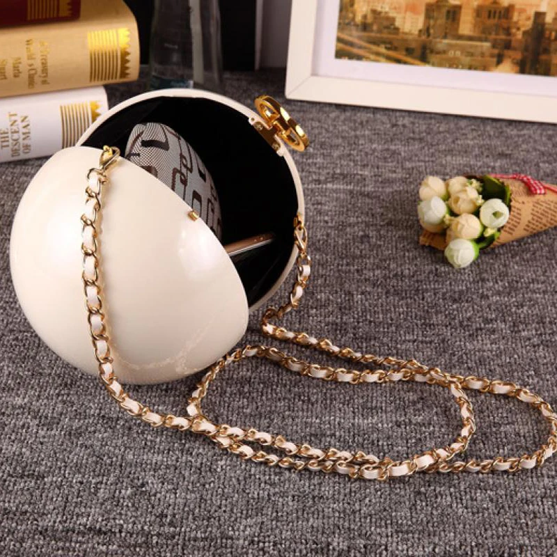 White Acrylic Pearl Wristlets Clutch Bags For Women Round Diamond Evening Party Handbag Metal Chain Shoulder Round Ball Bag Box