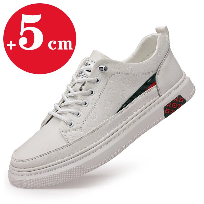 Zapatillas de deporte planas para hombre, mocasines de cuero blanco suave, aumento de altura, 5cm