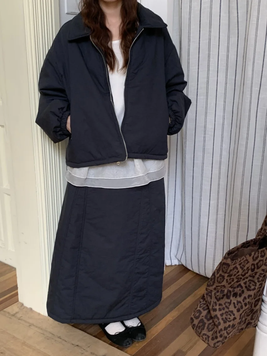 Alien Kitty Gentle Winter Women Suits Cotton Parkas Daily High Street Minimalist Sweet OL Casual New Thicken Loose Maxi Skirts