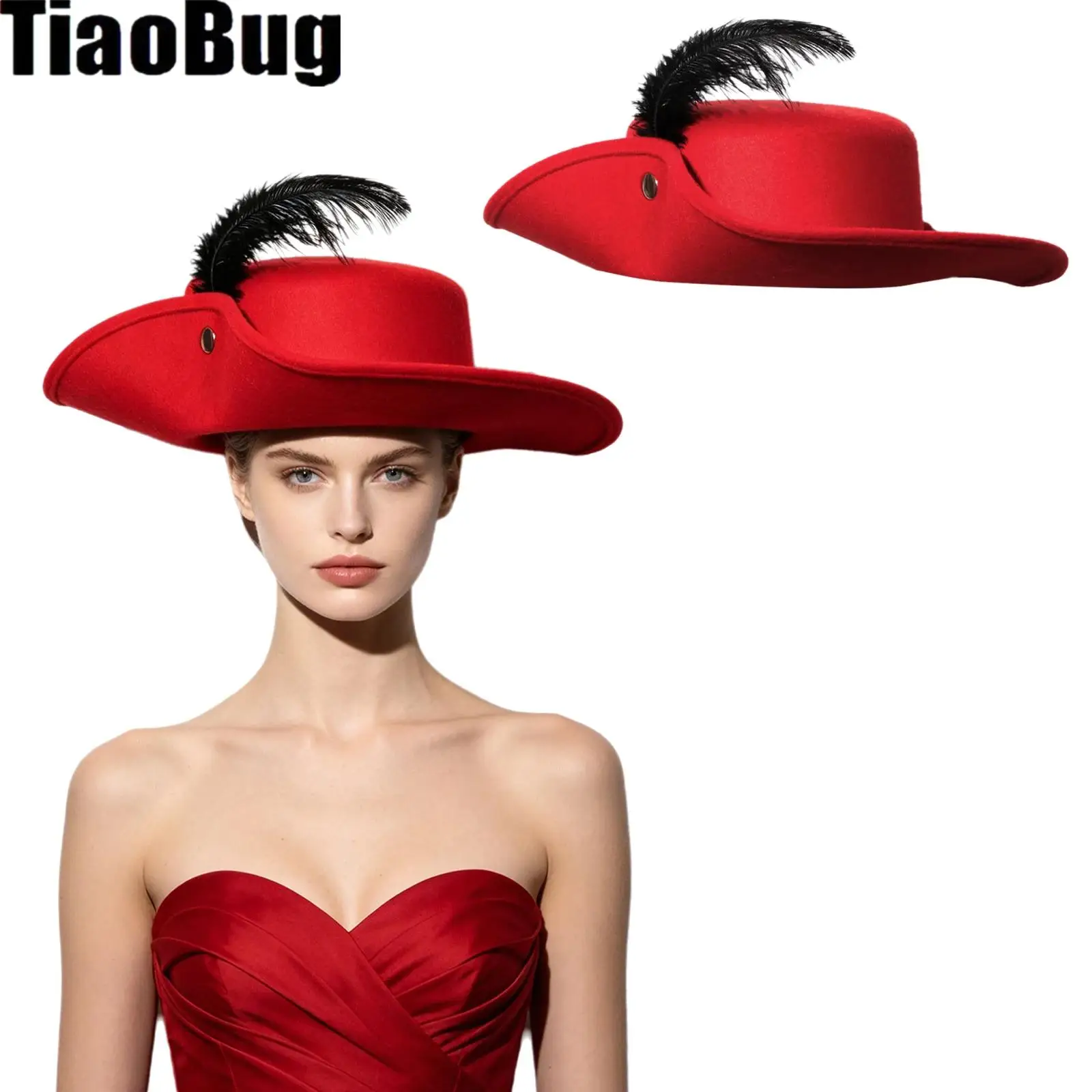 Men Women Unisex Vintage Felt Courtly Faux Feather Knight Hat Cap with Press Button for Festival Halloween Cosplay Themed Party
