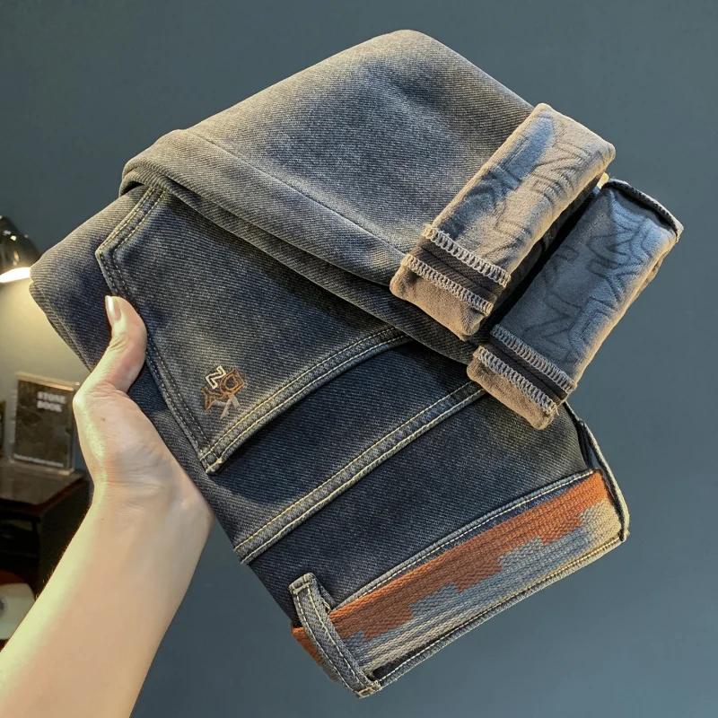 

Plush denim jeans men's 2025 trendy new winter warm small feet slim fit pattern fashionable men's pants