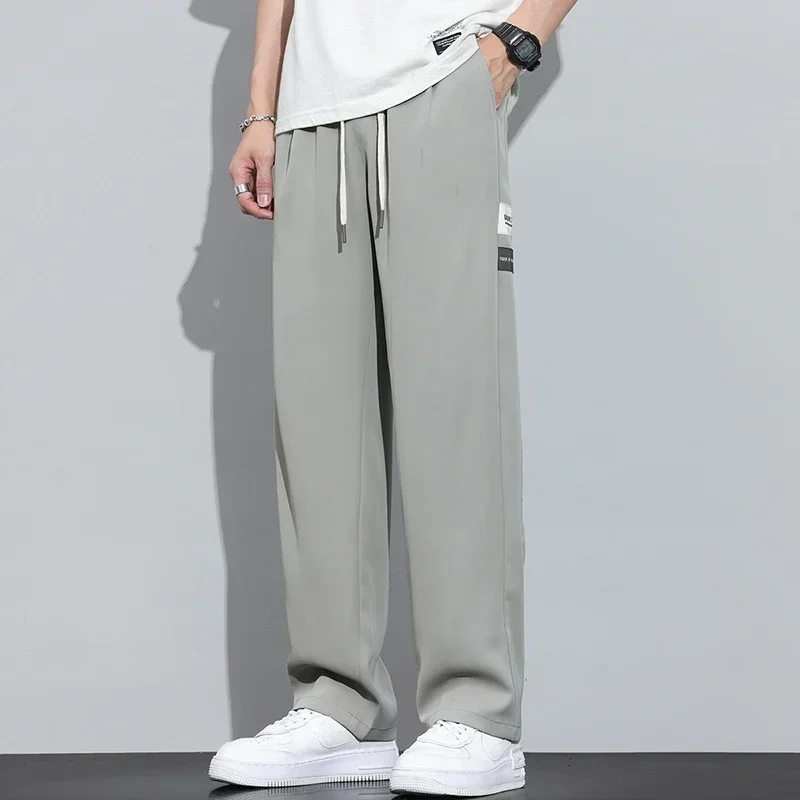 Summer Straight Pants Men's Loose Thin Ice Silk Pants Wide Leg Sports Trousers Slim Fit Stretch Gray Casual Pants Streetwear