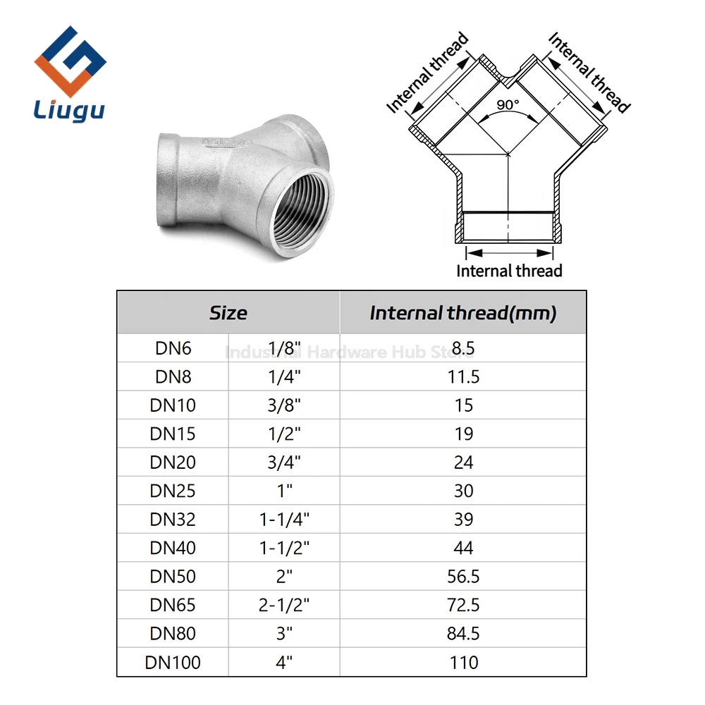 Y-Stück mit Innengewinde aus Edelstahl SS304, 1/4" 3/8" 1/2" 3/4" 1" BSP für Sanitär-, Gas- und Wasserversorgung – Detail 3