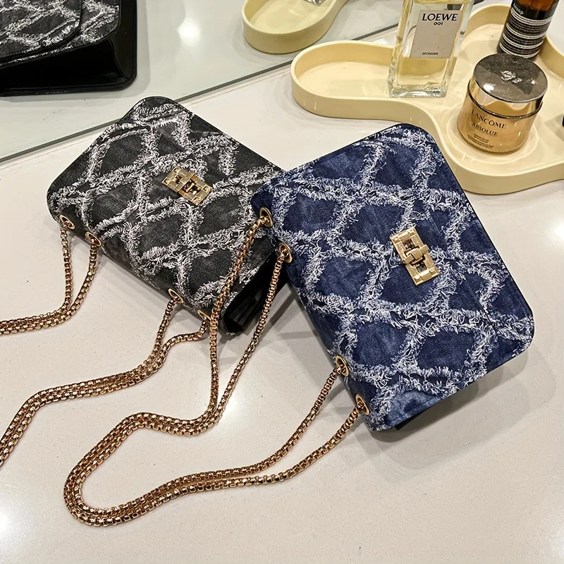 Denim Women's Shoulder Bag With Lock Buckle And Chain Strap, Fashionable Jean , Small Square Crossbody Purse