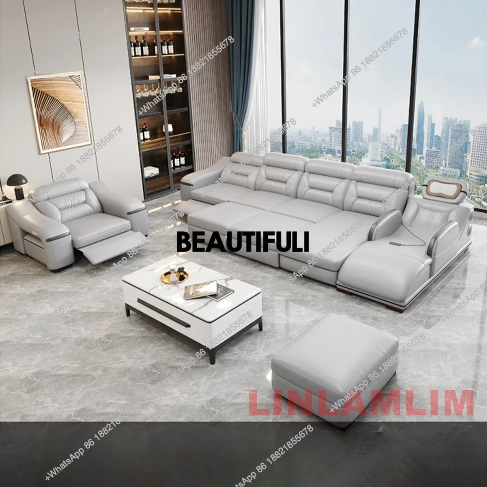 Modern Convertible Leather Sofa Bed, Sectional Sofa with Reclining Seats and stools, Comfortable Multifunctional Couch