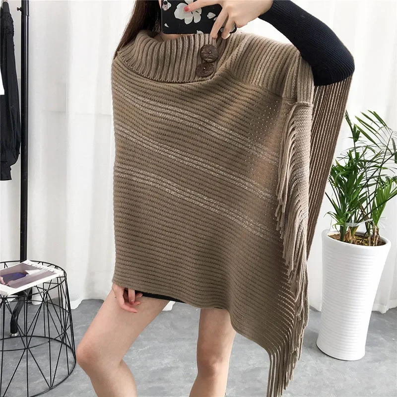 Spring Autumn Nordic Design Button High Lapel Cape Bright Silk Sweater Loose Pullover Sleeveless Lady Outside Coffee