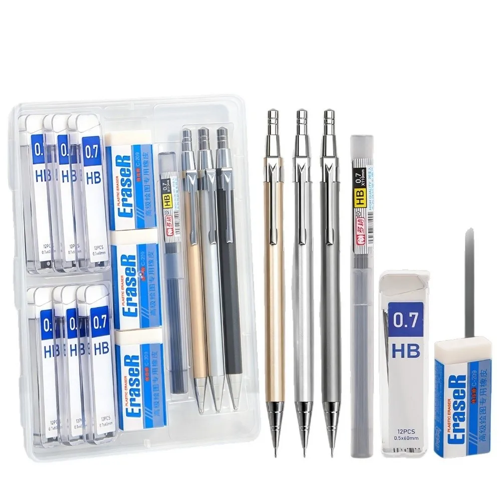 13pcs/set Metal Mechanical Pencil Set 0.5/0.7mm Break Resistant HB Lead Pencils Low Center of Gravity Automatic Pencil