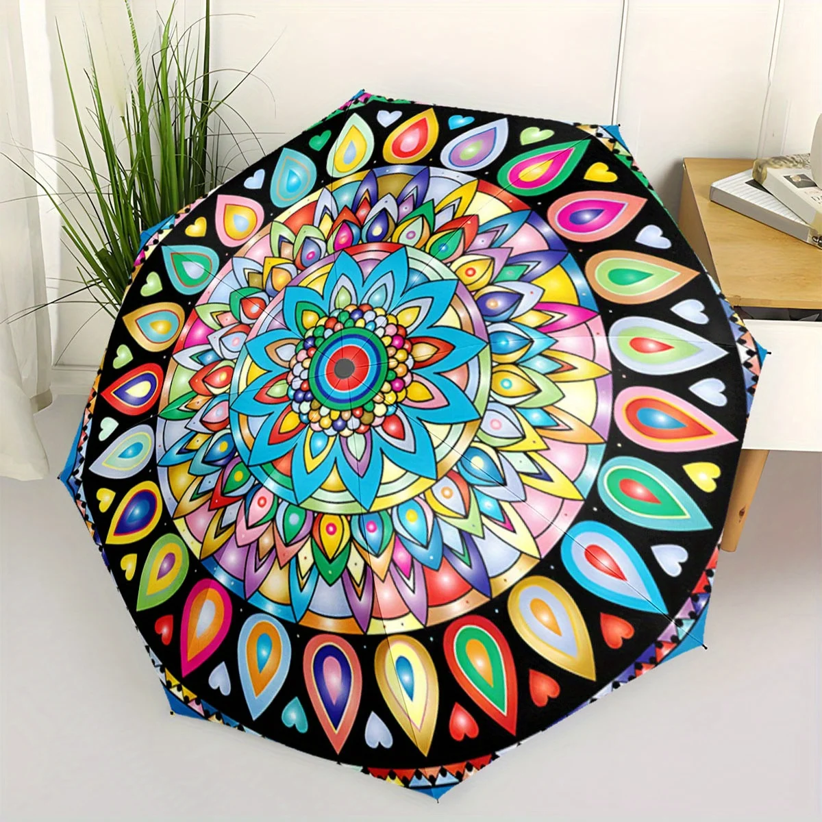 

Automatic Folding Umbrella Circular mandala with colorful geometric shapes. Portable collapsible design, casual outdoor access