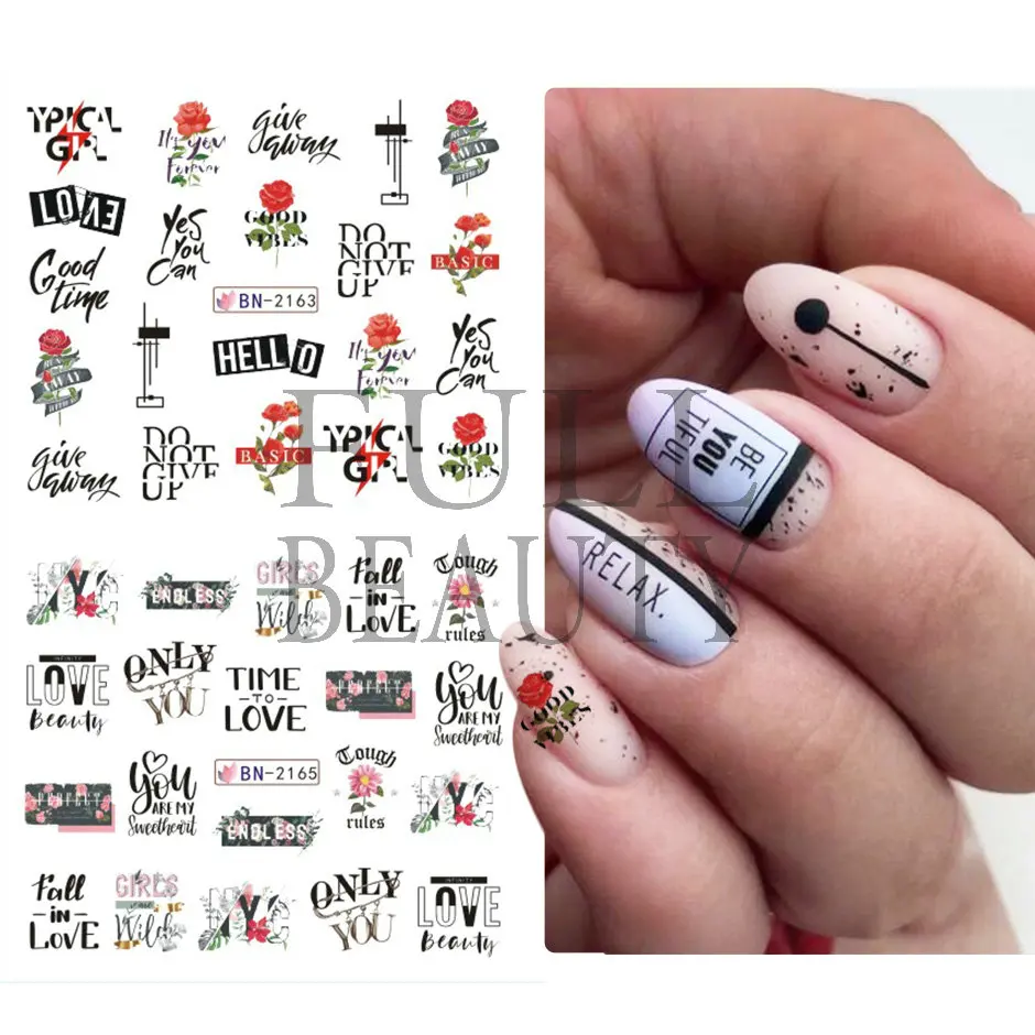 English Letter Line Water Stickers for Nails Rose Leaves Transfer Sliders Decals Leopard Print Manicure Decoration GLBN2161-2172