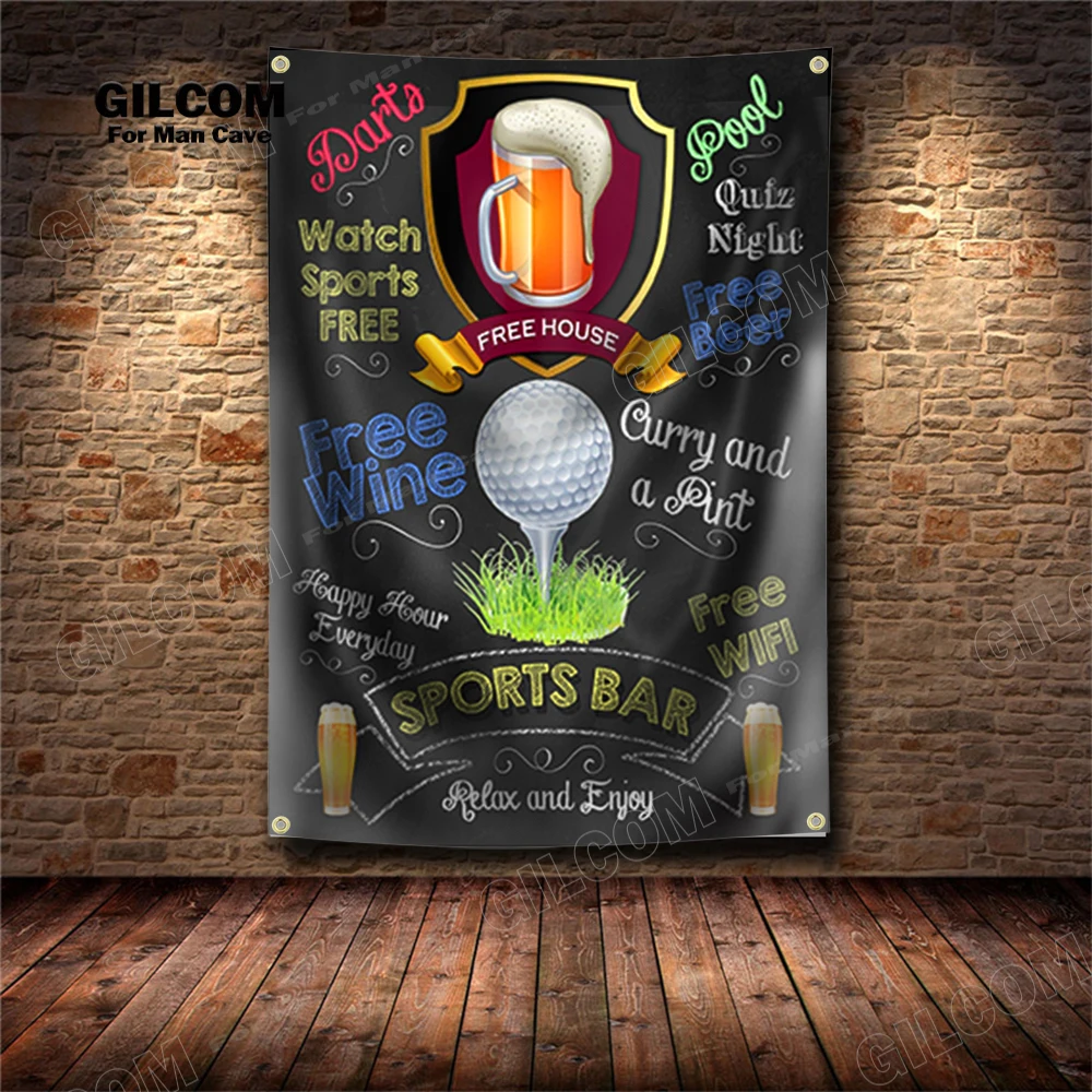 Blackboard Of Sports Bar Banner Flag Free Wine Dart Bowling Poster Art AD Vintage Sign Dark Motor Car Man Cave Garage Pub Club