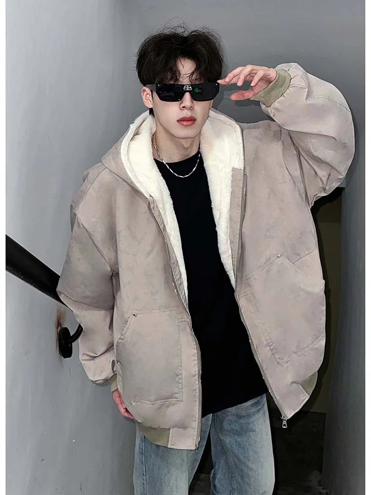 

Men's Winter Thiened Fce Lined Hooded Jaet Marble Base Mountain Carving Cotton Coat Warm Cleanfit Zipper Casual Coat