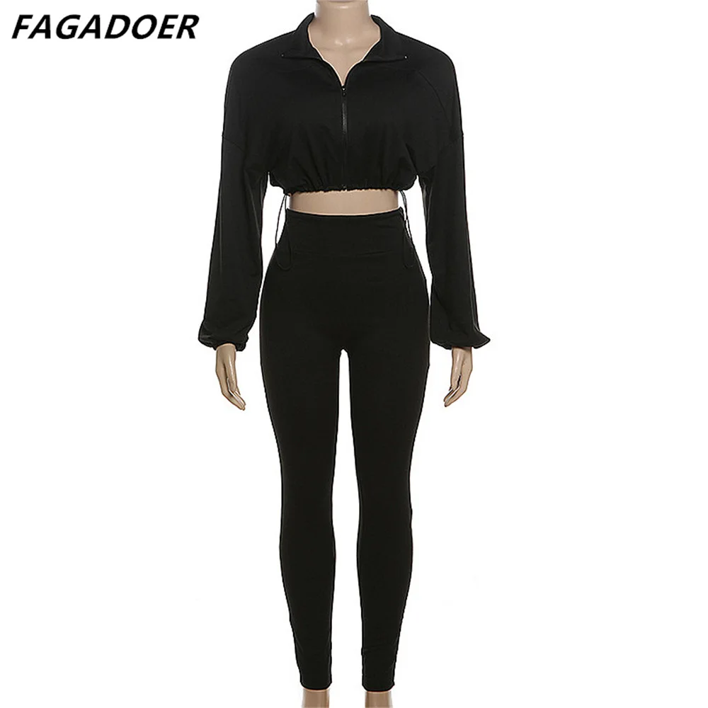 FAGADOER Fashion Solid Color Drawstring Skinny Pants Two Piece Sets Women Zipper Long Sleeve Crop Top + Pants Outfits Streetwear