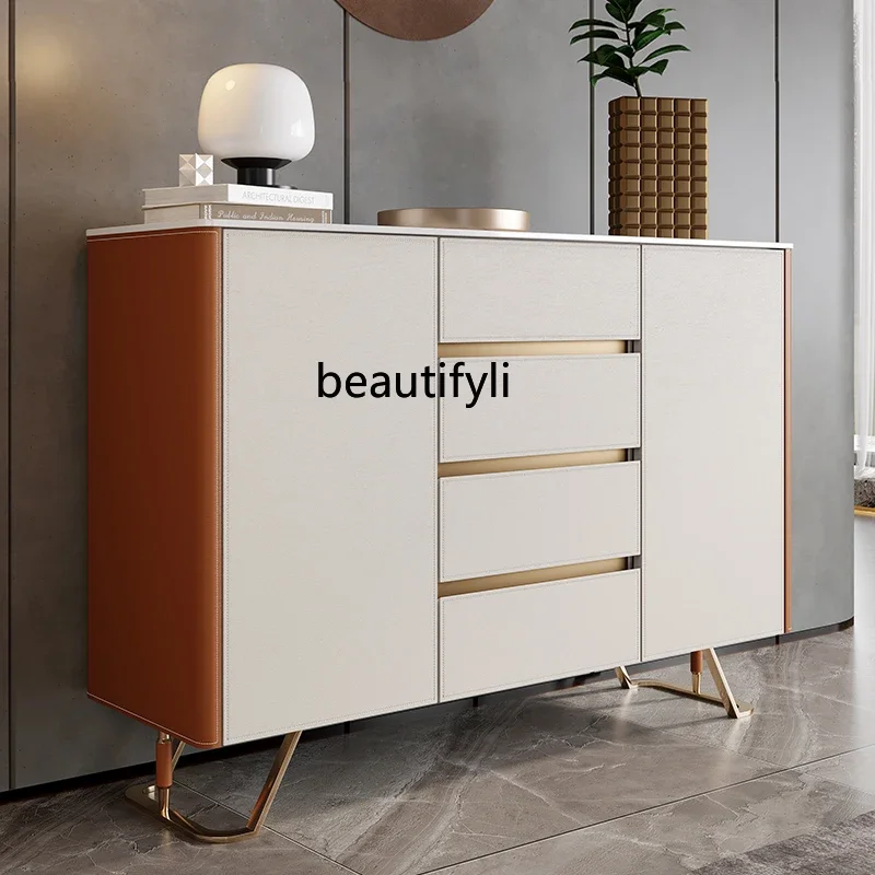 Light luxury saddle leather dining side cabinet living room home wall locker porch partition cabinet solid wood