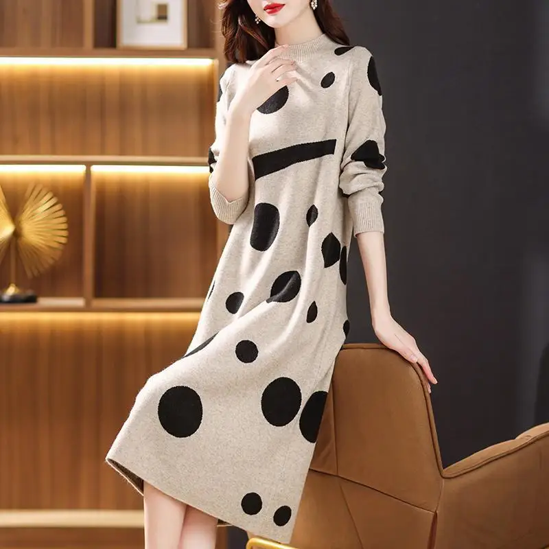 Vintage Polka Dot Printed Dresses Casual Half High Collar Autumn Winter A-Line Women\'s Clothing Long Sleeve Knitted Midi Dress