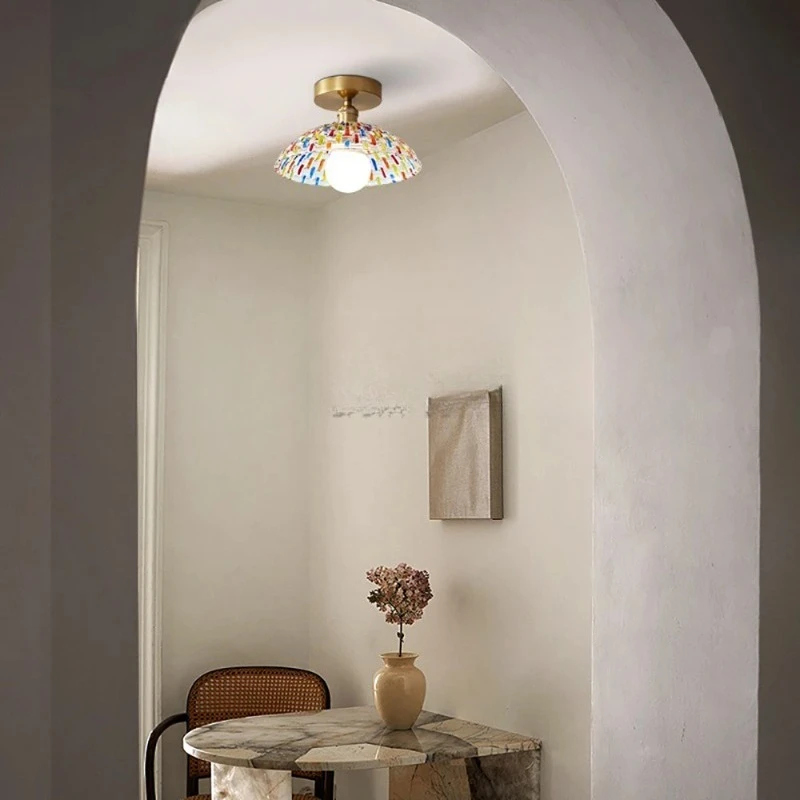 French Vintage Rotundity Hand-drawn Colorful Glass LED Ceiling Light Living Room Bedroom Restaurant Study Iron Base Hanging Lamp