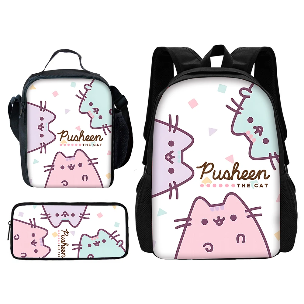 Cute Cat P-Pusheens Child School Backpack with Lunch Bags ,Pencil Bags ,Cartoon School Bags for Boys Girls Best Gift