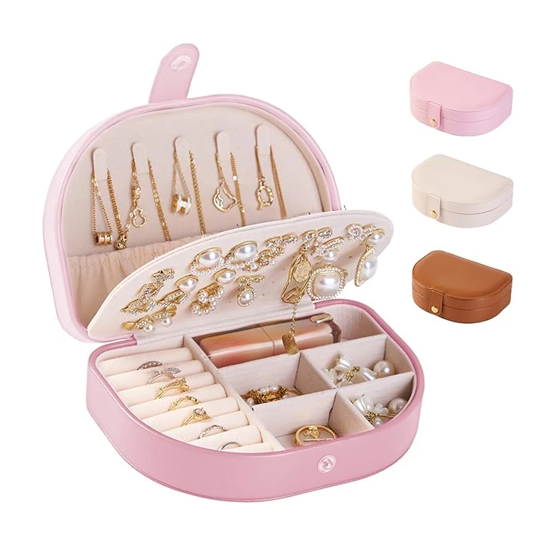 

Travel Size Jewelry Box, Large Portable Seashell-Shaped Jewelry Case, 2 Layer Jewelry Organizer in PU Leather for Women