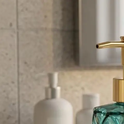 Thick Glass Soap Dispenser in Emerald Green with Gold Rust Resistant For Pump for Countertop For Hand and Dish Soap Dispensing