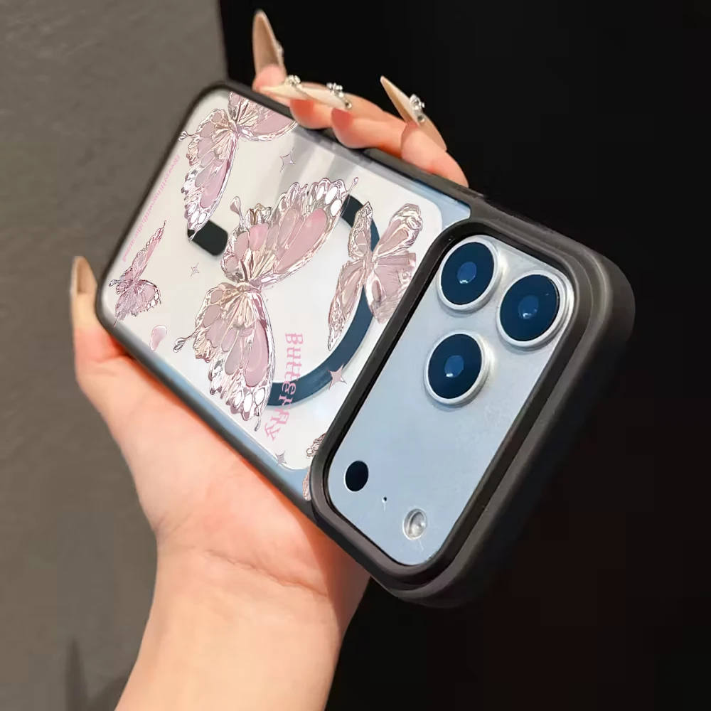 Niedliche Rosa Schmetterling Transparente Hülle für iPhone 17 16 11 15 14 Pro Max 13 12 Plus Hüllen für Magsafe Kabelloses Laden Luxus-Schutzhülle – Detail 9
