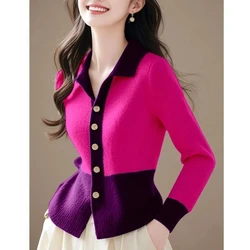 Women's Knitted Sweater 2025 New Spring Autumn Fashion Polo Collar Knitwear Cardigan Coat Leisure Versatile Sweater Jacket Top