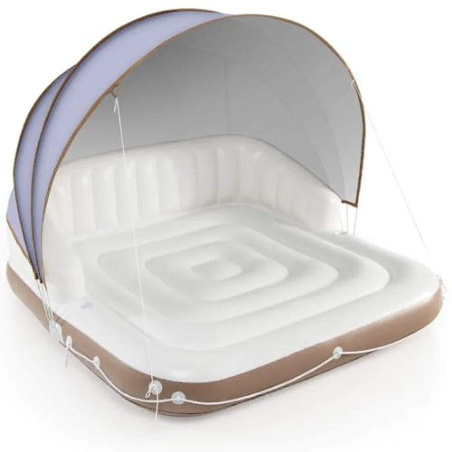 Pool float with canopy for lake and beach use, heavy duty PVC material, blue color, UPF50+ detachable sunshade, 2 cup holders,
