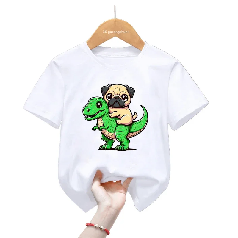 Cute Poodle Dog/Chihuahua/Cavalier King /Papillon Dog/Pug Love T-Rex Dinosaur Print T Shirt For Girls/Boys Kawaii Kids Clothes