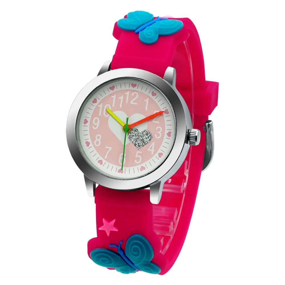 3d Vlinder Cartoon Siliconen Horlogeband Kinder Horloge Roze Wit Glow Kleine Wijzerplaat Jongens En Meisjes Sport Horloge Klok Relojes