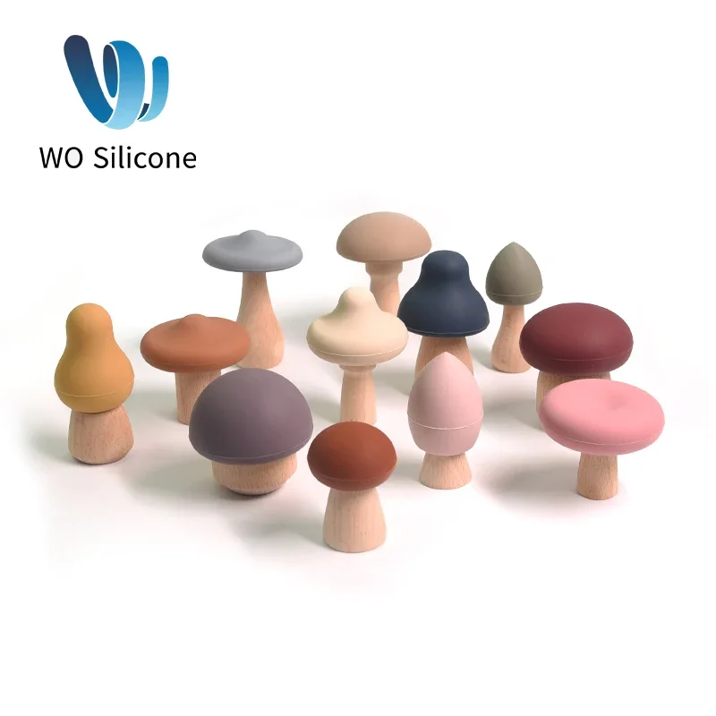 WOLIFE 12Pcs Mushroom Building Blocks Silicone Teether Baby Toys Wooden Food Grade Teether Stacking Balance Game Educational Toy