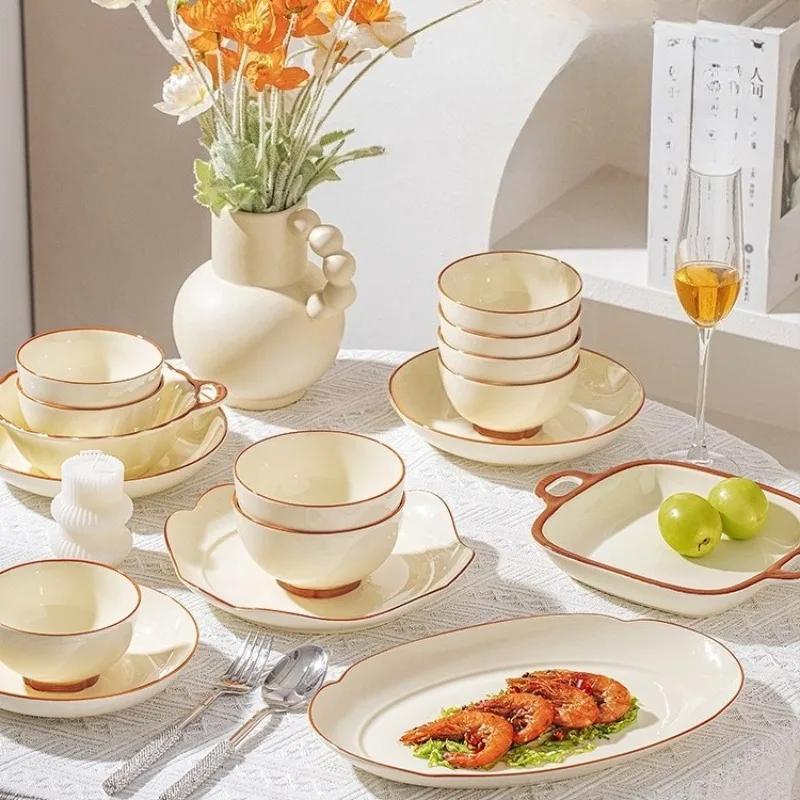 Household high-value ceramic cream style tableware set housewarming dishes