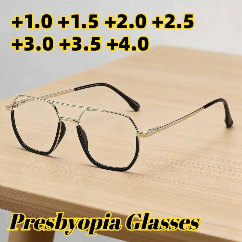 

Double-Bridge Square-Frame Anti-Blue Light Presbyopia Glasses Stylish Metal Ultra-Lightweight Reading Eyewear +1.0 To +4.0
