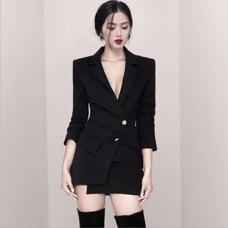 MZ19597 Factory Wholesale Women Casual Suit Clothes Long Sleeve Formal Black Dress Sexy Office Women