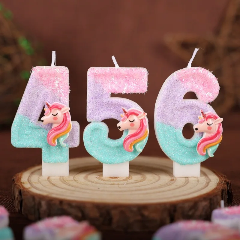 Gradient Pink Unicorn Happy Birthday Candles with 0-9 Number for Cake Decoration Children's Party Favors Cake Toppers DIY