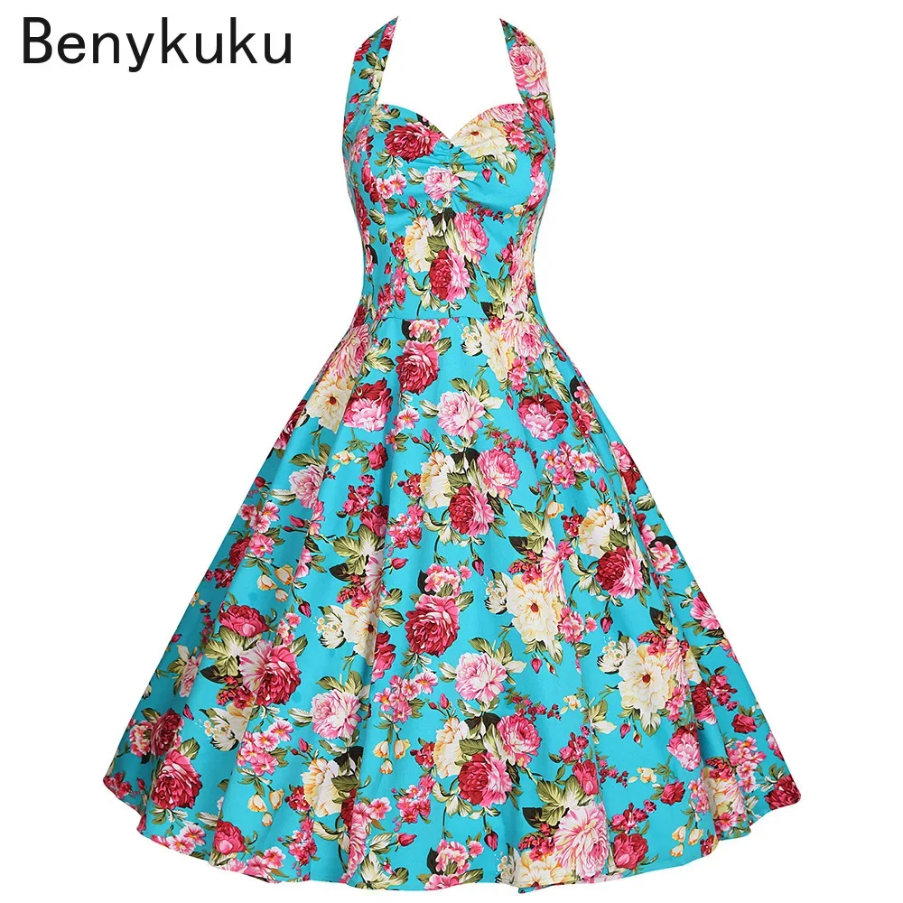 Stampa floreale Hepburn Vintage 50s 60s Pin Up Rockabilly vestito Plus Size donne abiti estivi Sexy Halter Party retrò abiti di cotone