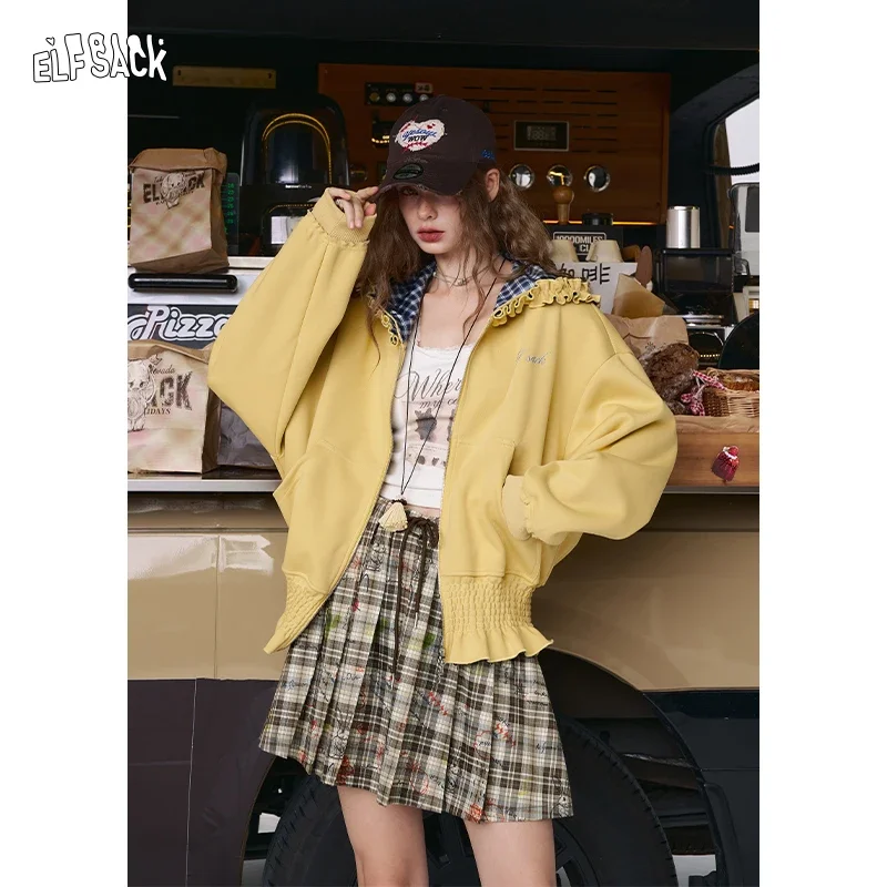 ELFSACK Women's Y2K Plaid Pleated Mini Skirt with Cartoon Print, Drawstring Elastic Waist Skirt for Autumn Daily Wear