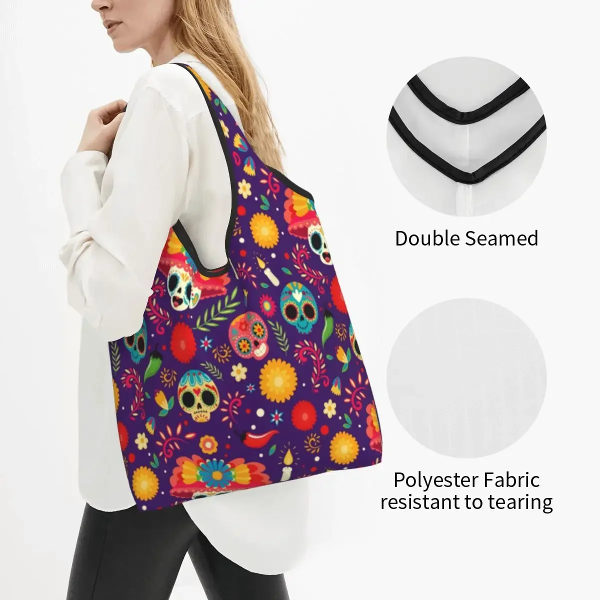 Kawaii Day Of The Dead Floral Shopping Tote Bag Portable Halloween Sugar Skull Grocery Shopper Shoulder Bag