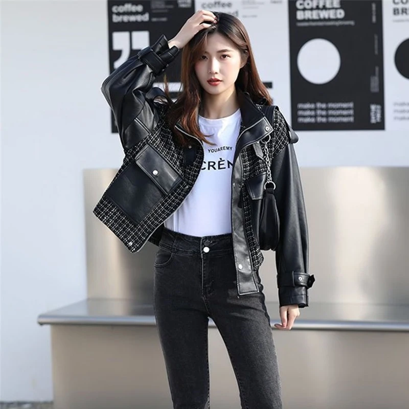 

2024 Autumn Winter PU Leather Patchwork Plaid Woolen Coat Women Fleece Lining Short Jackets Thicken Warm Overcoat Moto Outerwear