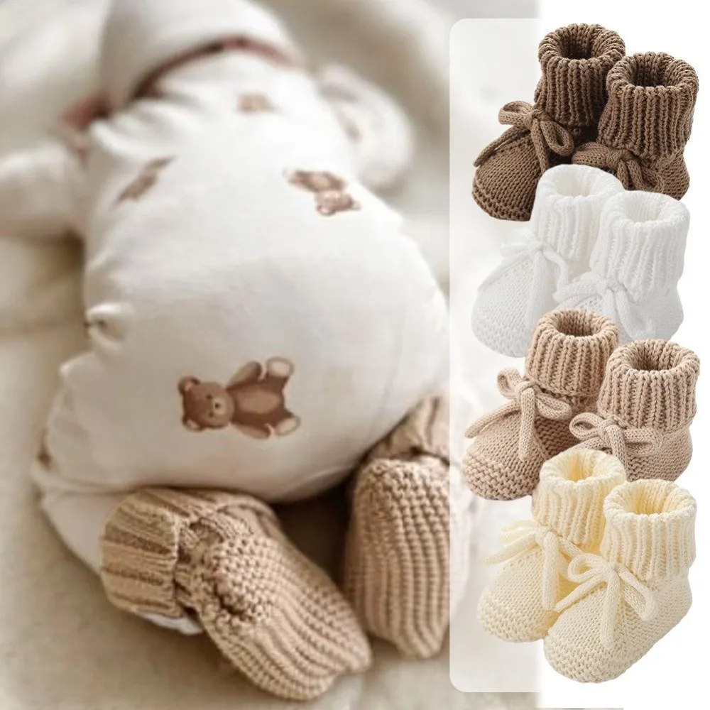 Nuevos zapatos bonitos para caminar con lazo, zapatos cómodos tejidos para niños pequeños, calcetines suaves y cálidos para gatear en el suelo para recién nacidos de 0 a 12 meses