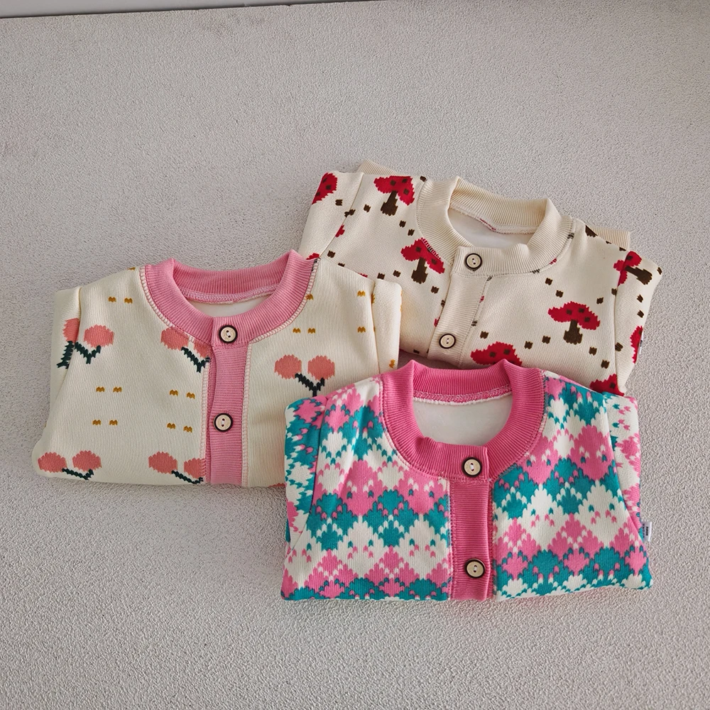 Autumn Kids Outdoor Cardigan Colorful Grid Children Sweaters Girls Clothes 1-7T Cute Cherry Baby Winter Knitwear