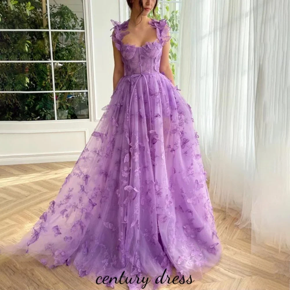 Customized Square Neck Party Gowns with Slit Applique 3D Fuchsia Butterfly Prom Dress Floor Length Celebrity Dresses Custom