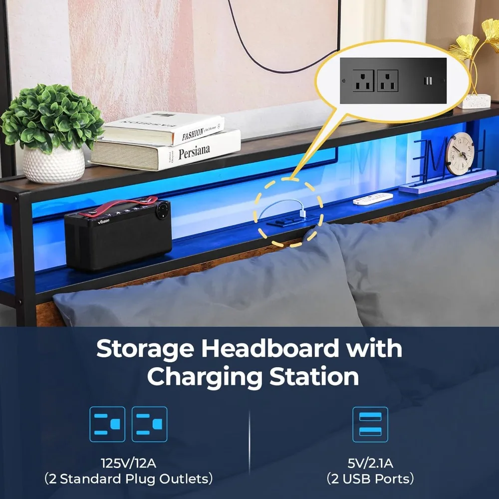 

LED Twin Size Bed Frame with 2-Tier Storage Headboard, Sturdy Metal Platform Bed Frame with Charging Station, Noise-Free