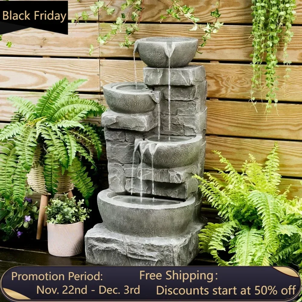 

Home 33.25 in. Cascading Bowls and Stacked Stones LED Outdoor Water Fountain for Gardens, Landscaping, Patios, Balconies, and