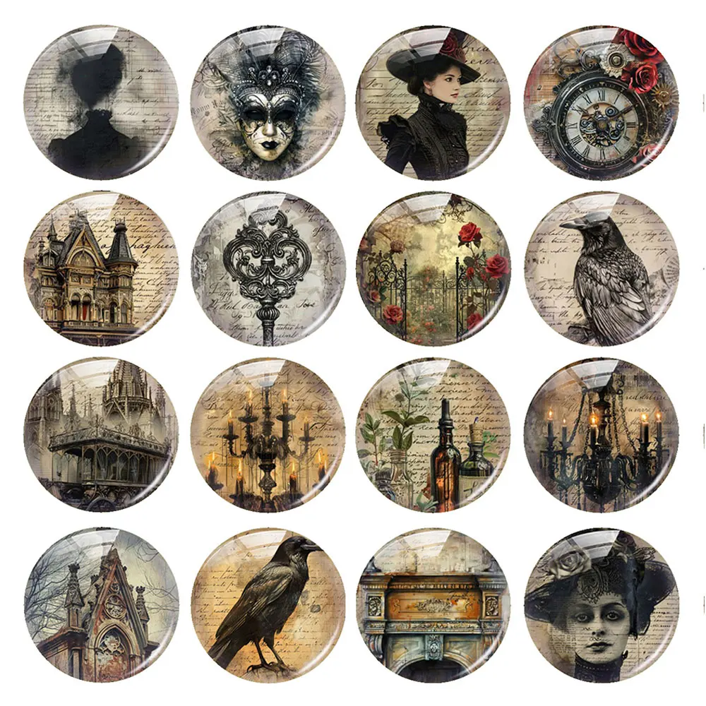 Random Mixed Round/Oval/Square Gothic Vintage Dark Occult Raven Photo Glass Cabochon Flatback Demo Cameo For Diy Jewelry Making