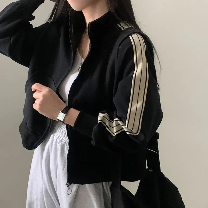 Sweatshirt Jacket High Quality Side Stripe Zipper Stand Collar American College Style Women'S Pocket Loose Versatile Top