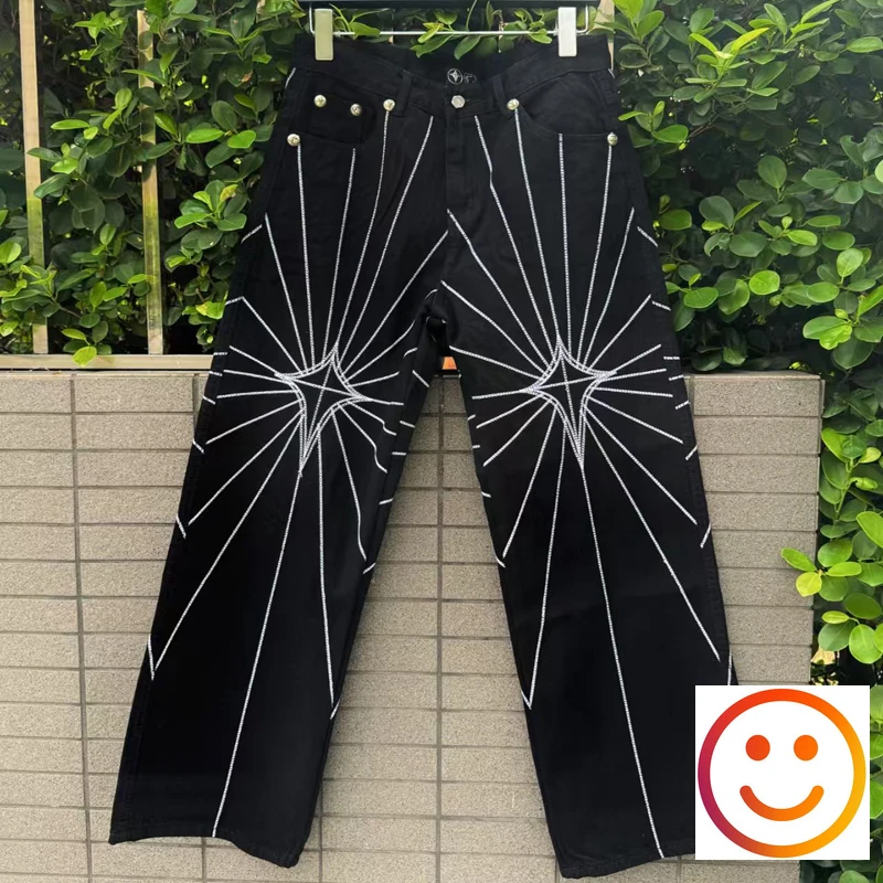 

New Black Thug Club Embroidery Spider Web Pattern Jeans Men Women High Quality Vertical Loose Fit Wide Leg Denim Pants Patch Tag