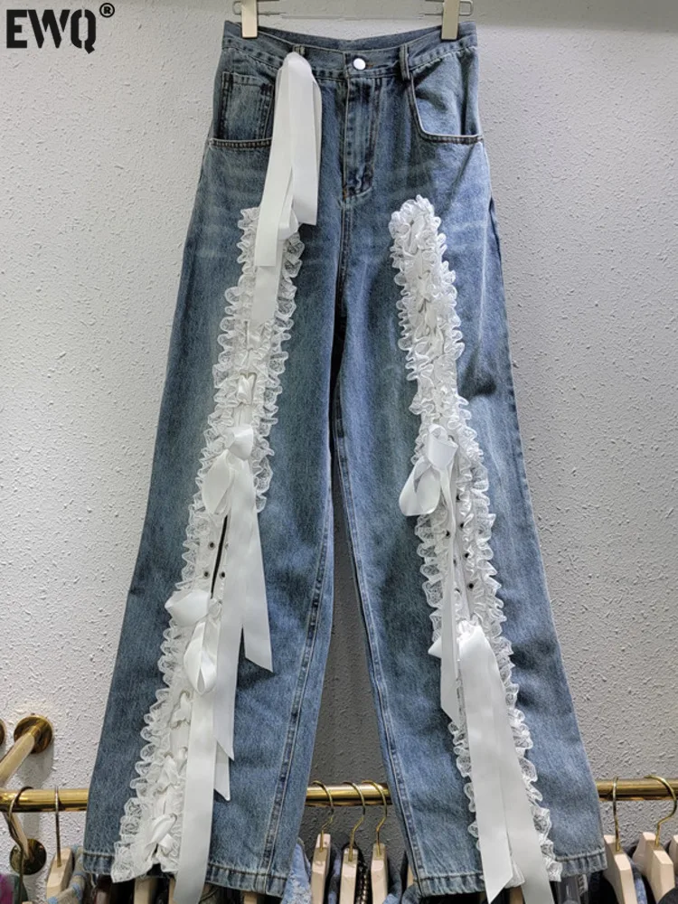 [EWQ] Fashion Spicy Girl Spliced Lace-up Design Denim Pants High Waist All-match Y2k Wide Leg Jeans Women 2025 Spring New O3794