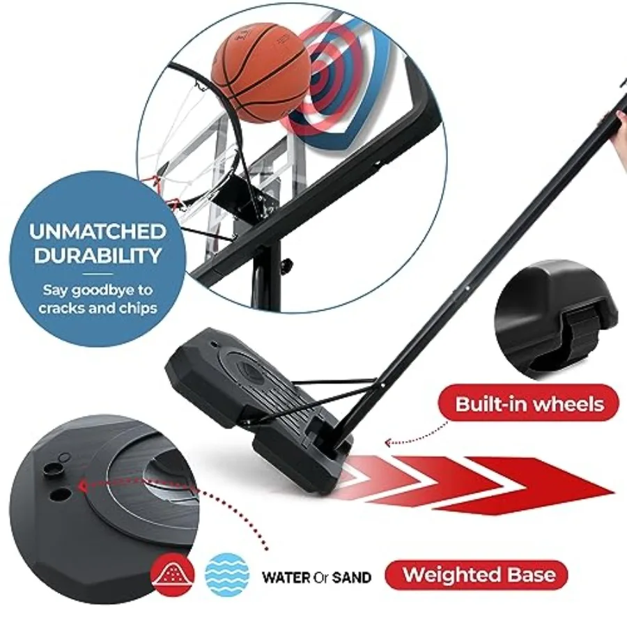 Portable Basketball Hoop 10 ft Adjustable with 44in Shatterproof Backboard for Indoor Outdoor Use Weatherproof Fillable Base Ba